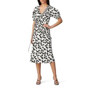 Love, White White Black Floral Print Puff Sleeve Wrap Midi Dress Size Medium